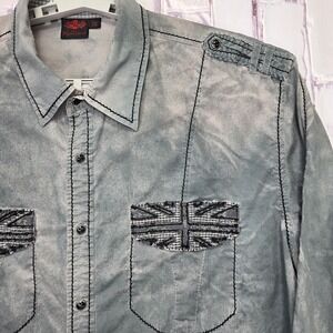 Royal Testament Mens 3XL Gray Distressed Washed Button Shirt Union Jack Pockets